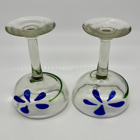 Handblown Margarita Glasses Cobalt Blue and Green Swirls Made in Mexico Set of 2 - Picture 9 of 14